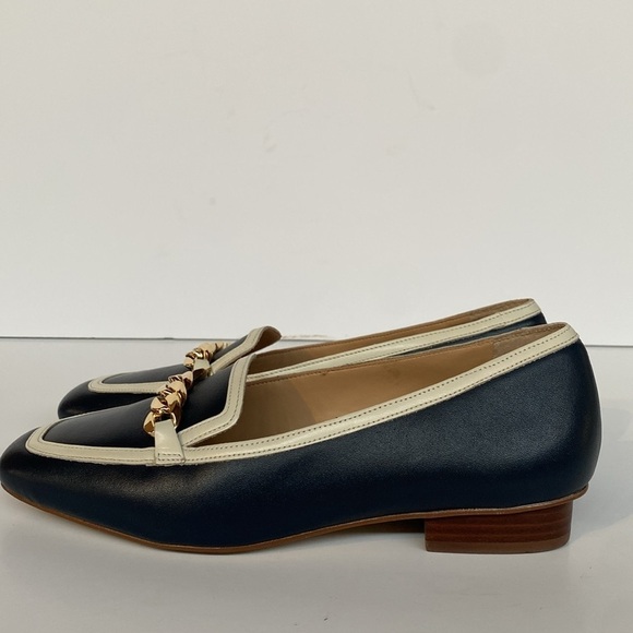 Talbots Estelle Chain Square Toe Leather Loafers Navy White Sz 6.5 - Picture 8 of 9